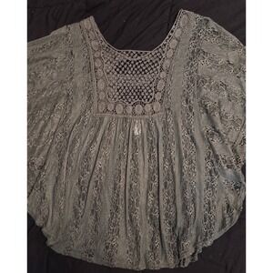 Evogues‎ Plus Size Dark Green Lace Batwing Poncho Pullover Top, 1X